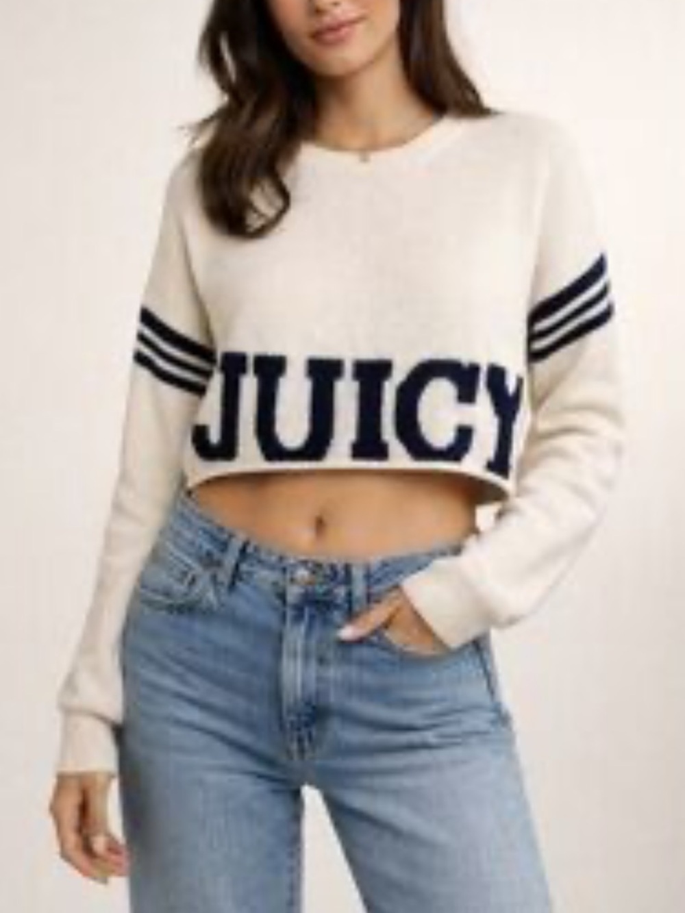 Juicy Couture Cream Cropped Sweater with Navy Logo Stripes